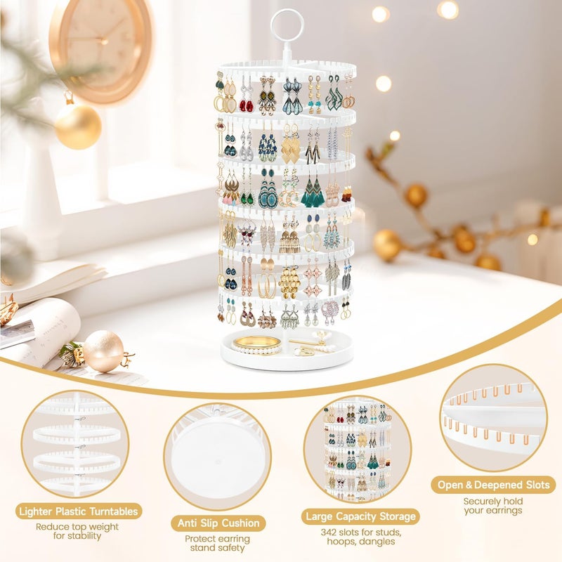 MODOWEY 6 Tier Rotating Earring Holder Organizer Display Tree with Metal Tray, Adjustable Plastic Stand with 342 Slots for Stud Hoop Hanger, Large Capacity Storage Rack for Women Space-Saving, White - Image 5